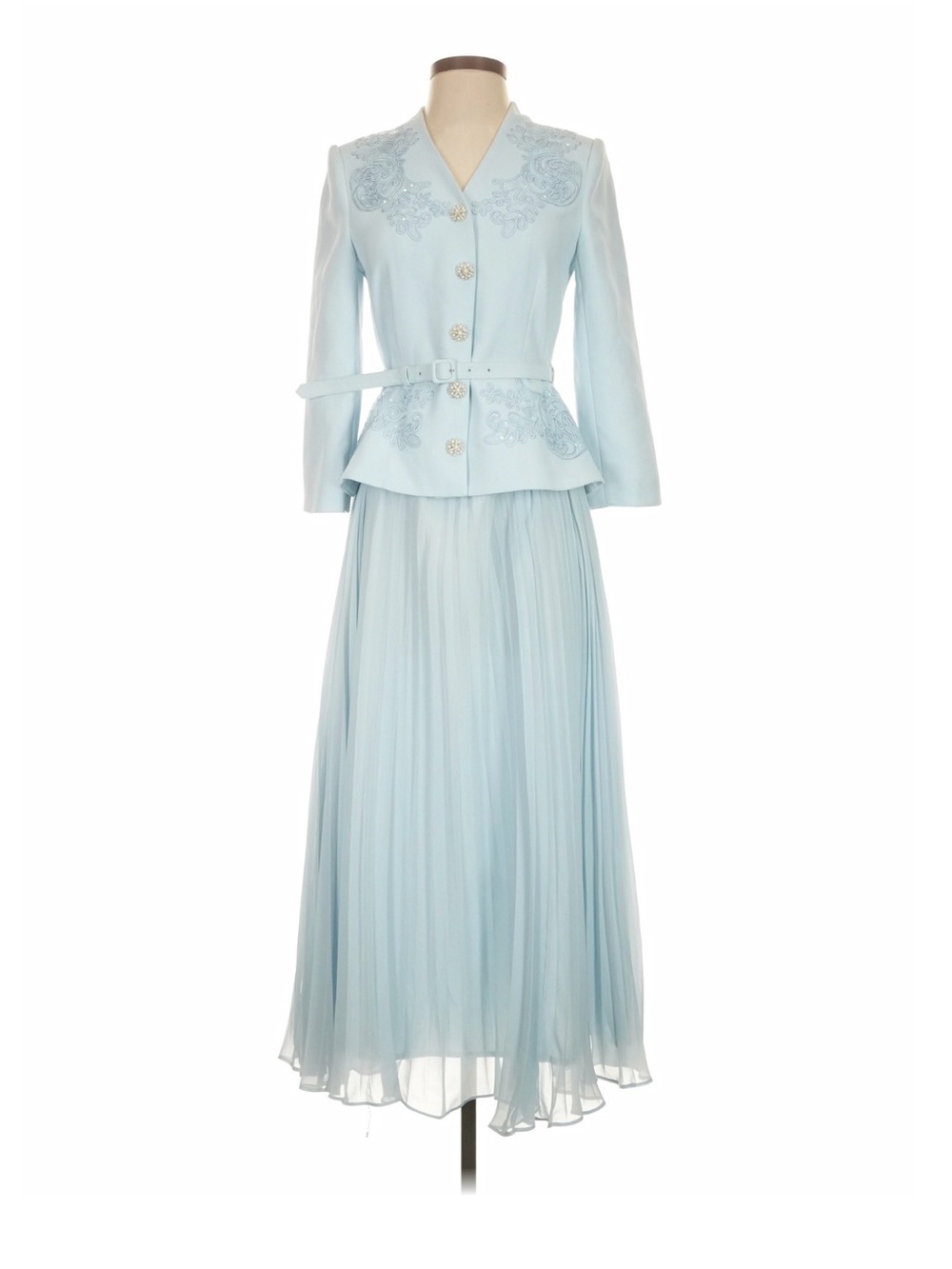 Self-Portrait Powder Blue Embellished Crepe Jacket & Pleated Midi Dress Set